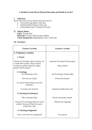 A Detailed Lesson Plan in Physical Education - Objectives At the end of ...