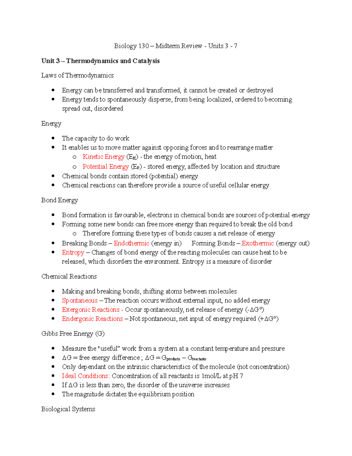 Bio 130 Midterm 2 Review - Biology 130 – Midterm Review - Units 3 - 7 ...