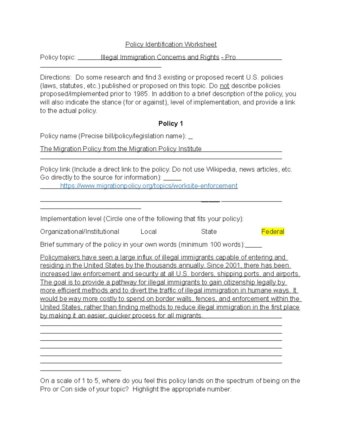 Immigration Policy Identification Worksheet Updated Policy