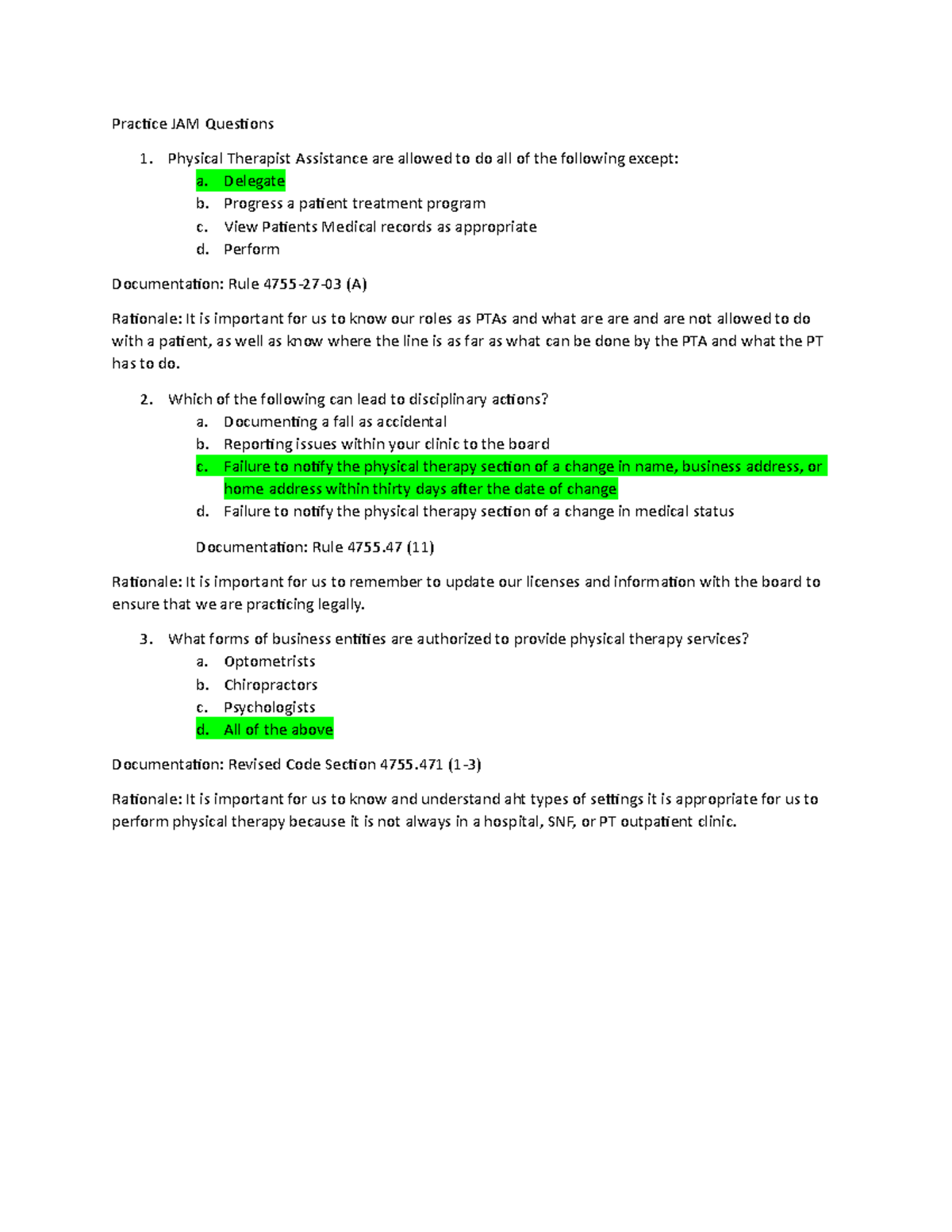 Practice JAM Questions Practice JAM Questions Physical Therapist