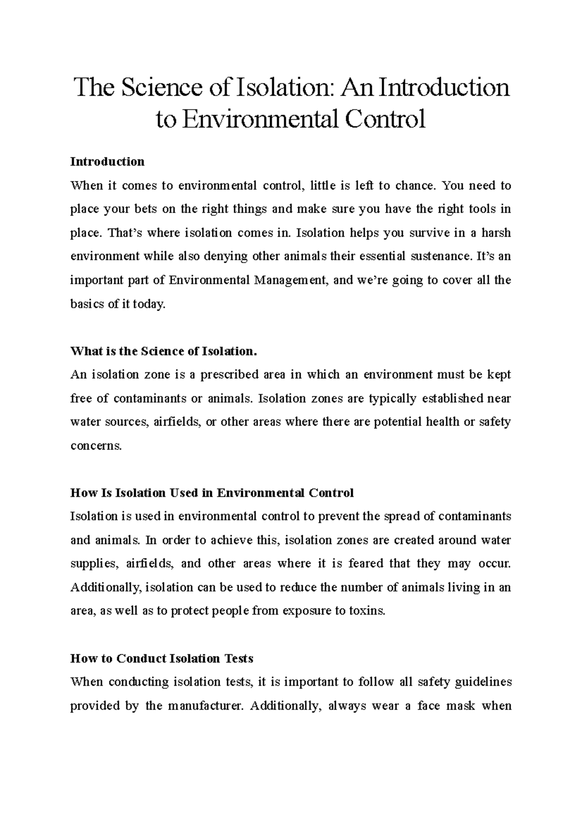 The Science of Isolation An Introduction to Environmental Control