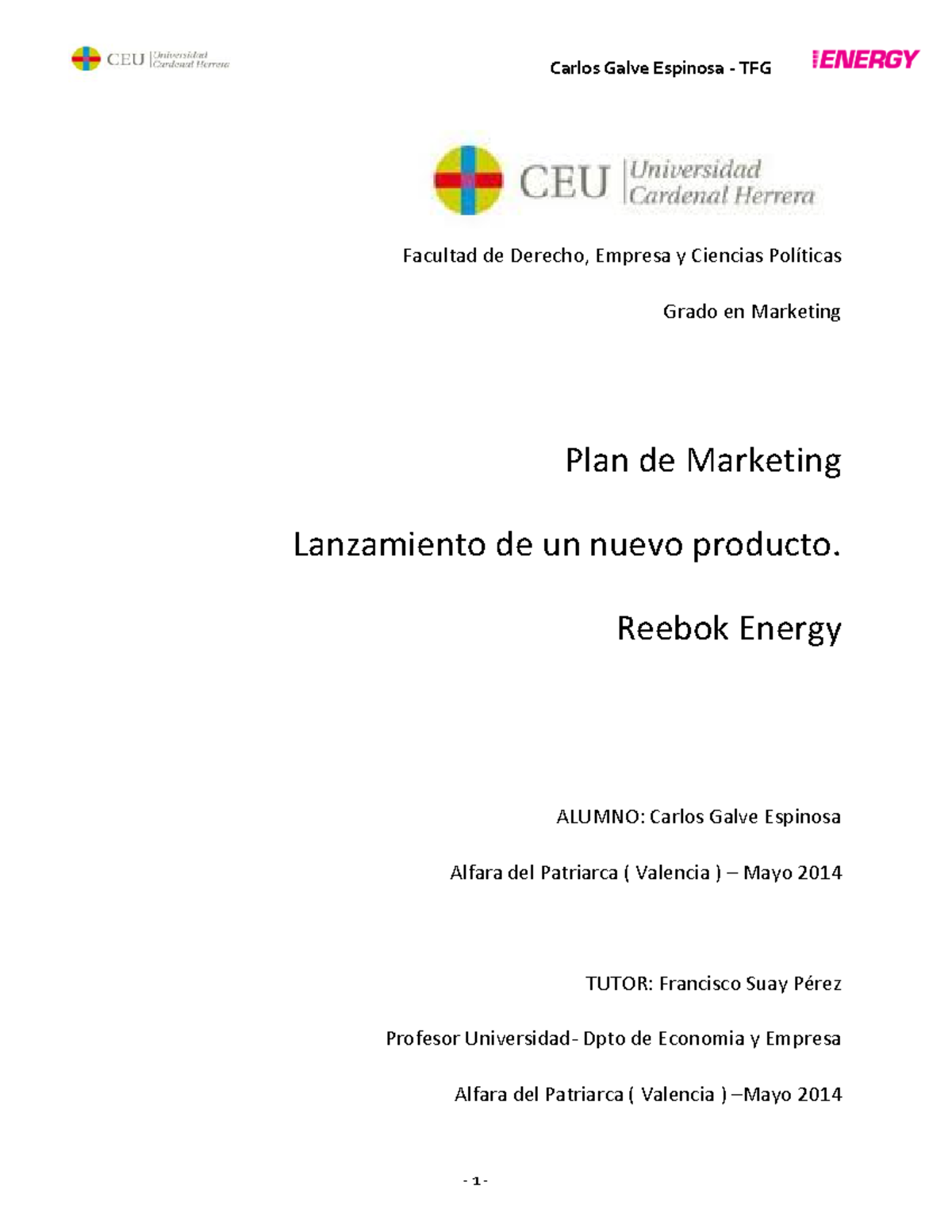Plan de marketing lanzamiento de un nuevo producto Reebok Energy TFG ...
