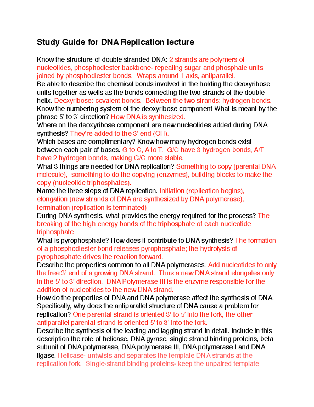 DNA Replication Study Guide Study Guide for DNA Replication lecture