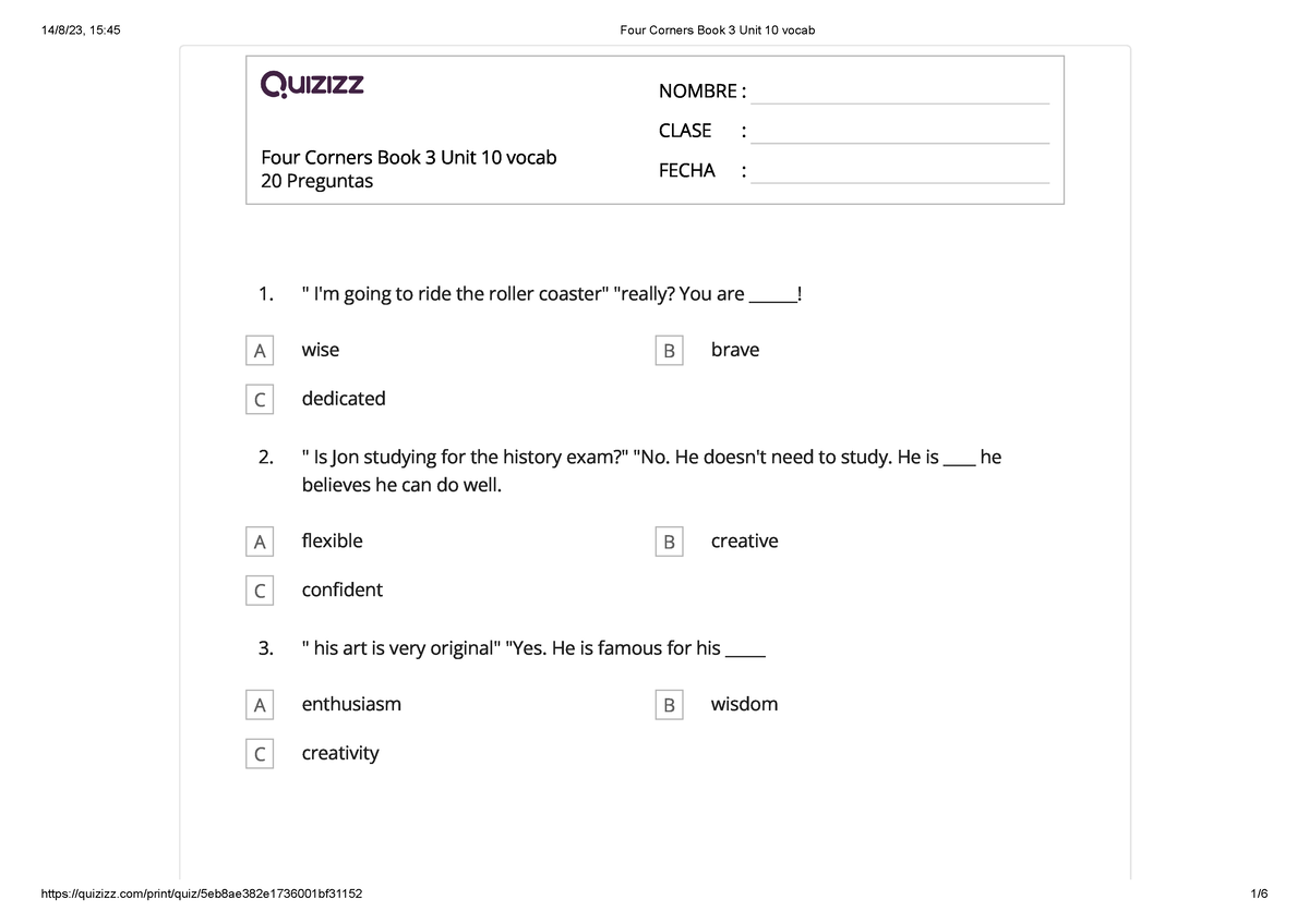 Four Corners Book 3 Unit 10 Vocab - Four 20 Preguntas Corners Book 3 ...