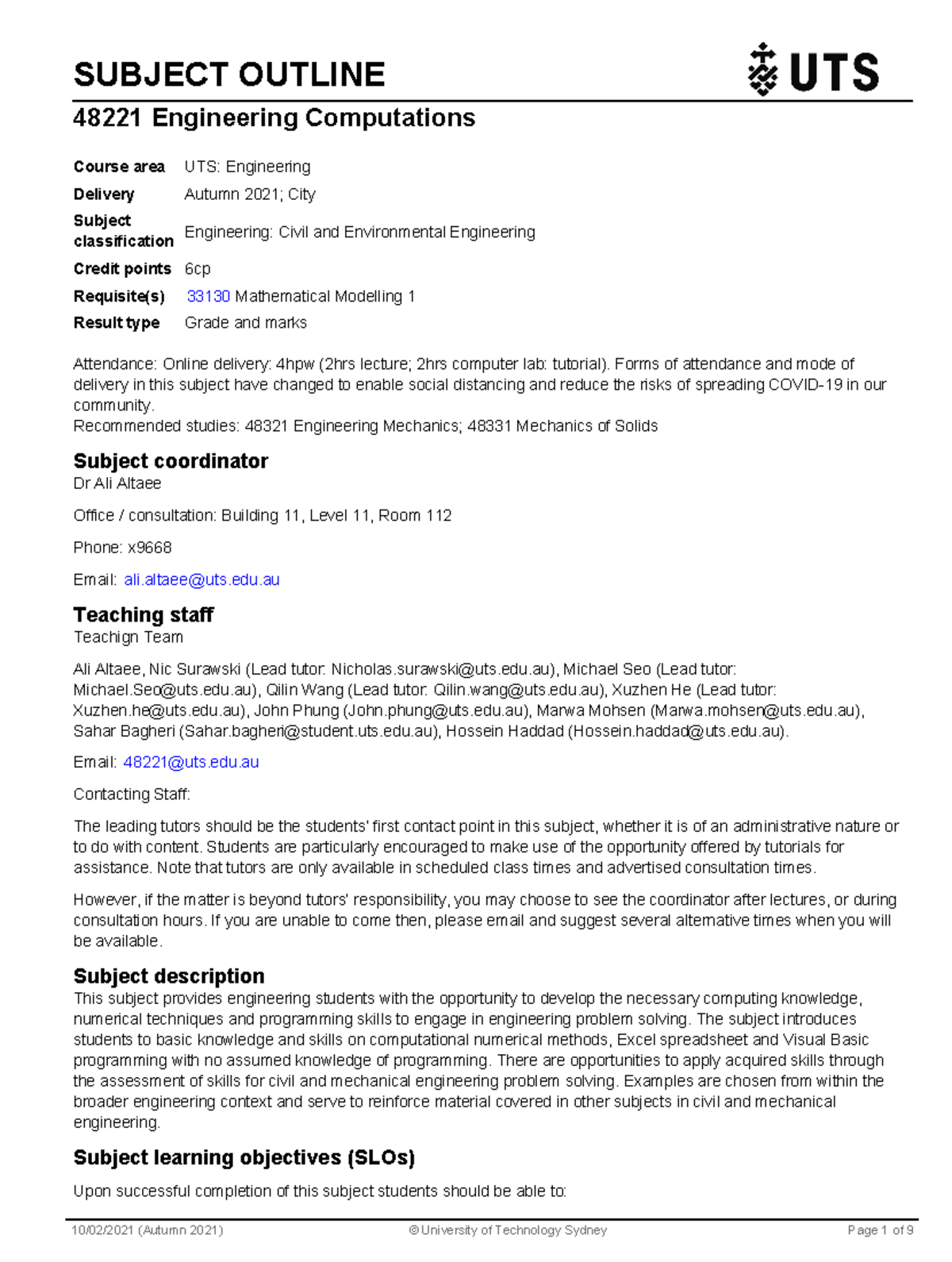 Subject Outline - SUBJECT OUTLINE 48221 Engineering Computations ...