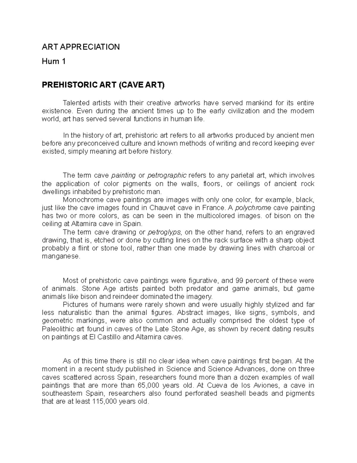 Art Appreciation Hum 1 Prehistoric Art Cave Art ART APPRECIATION