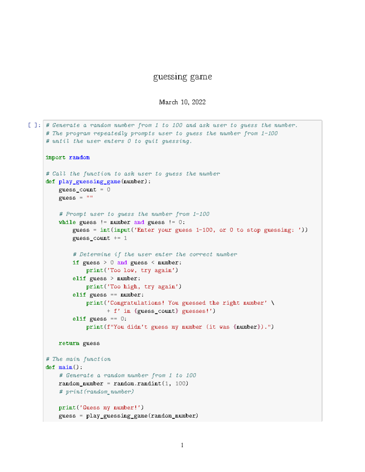 Guessing game - guessing game March 10, 2022 [ ]: # Generate a random ...
