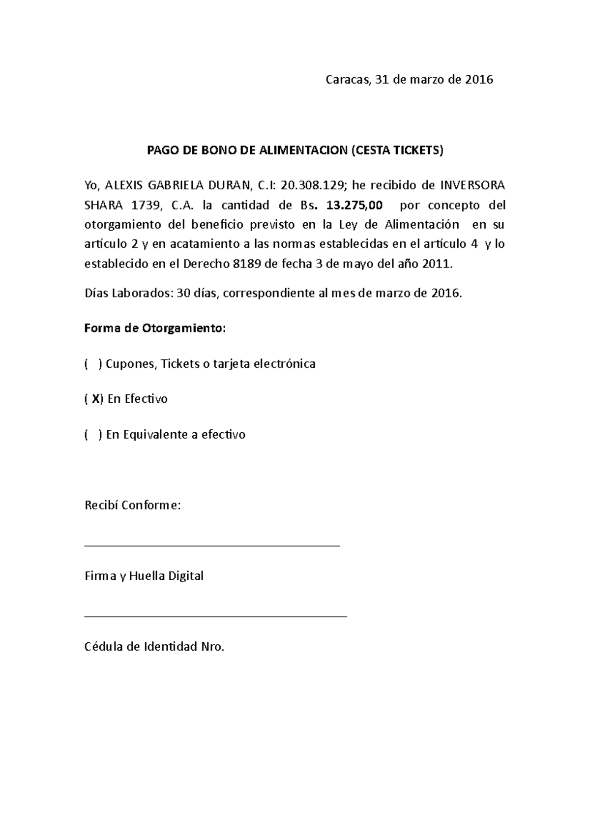 Carta bono alimenticio shara pago de bono de alimentacion cesta