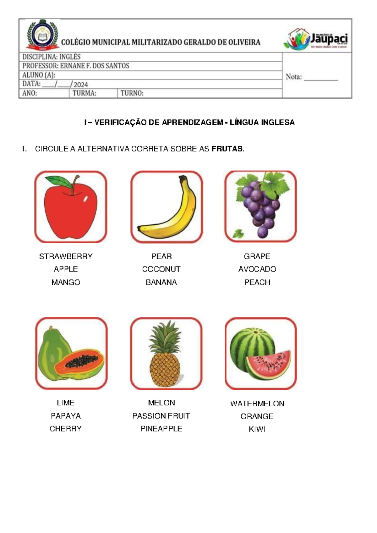 2º ANO - Prova DE Inglês - 1º Bimestre - 2024 - Inglês - I ...