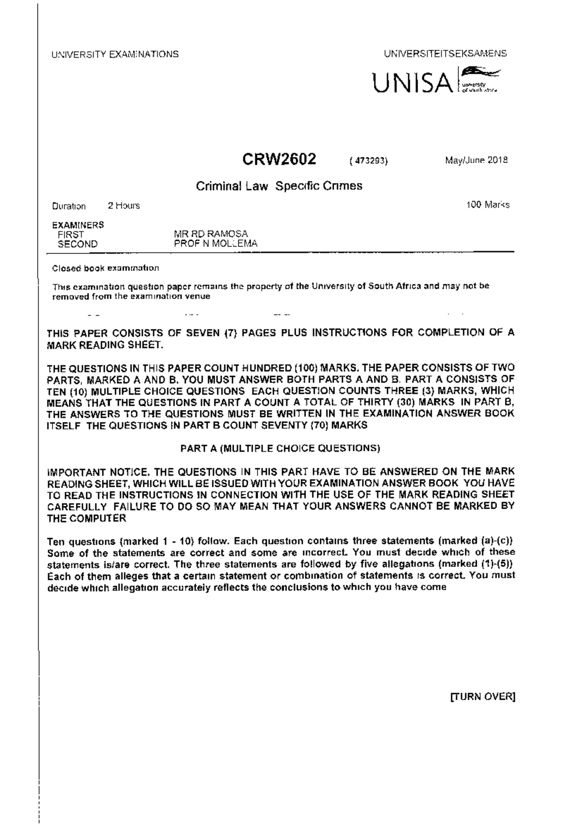 Exam 20 June 2018, questions and answers - CRW2601 - Studocu