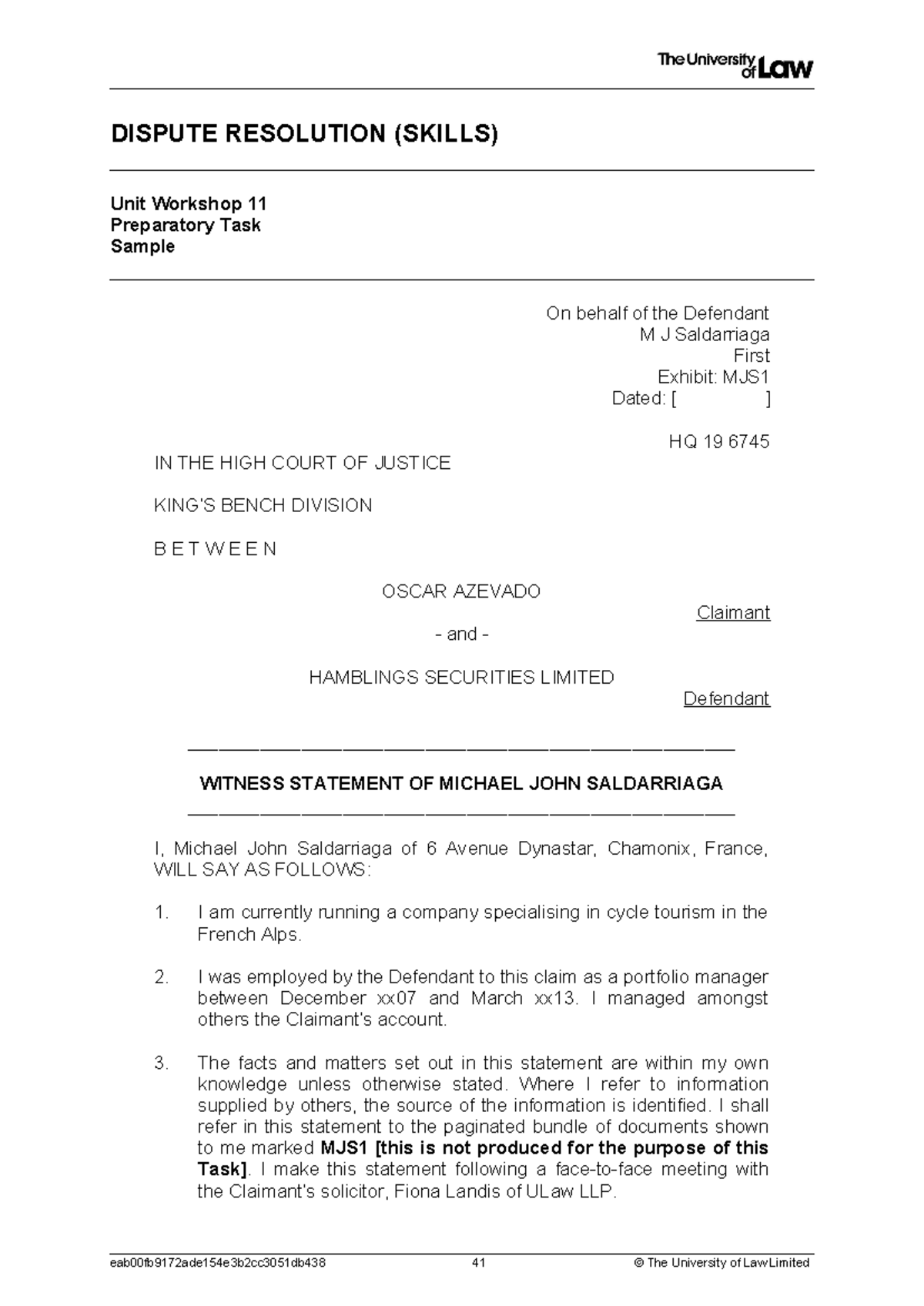 Dispute Res - Witness statement exemplar - DISPUTE RESOLUTION (SKILLS ...
