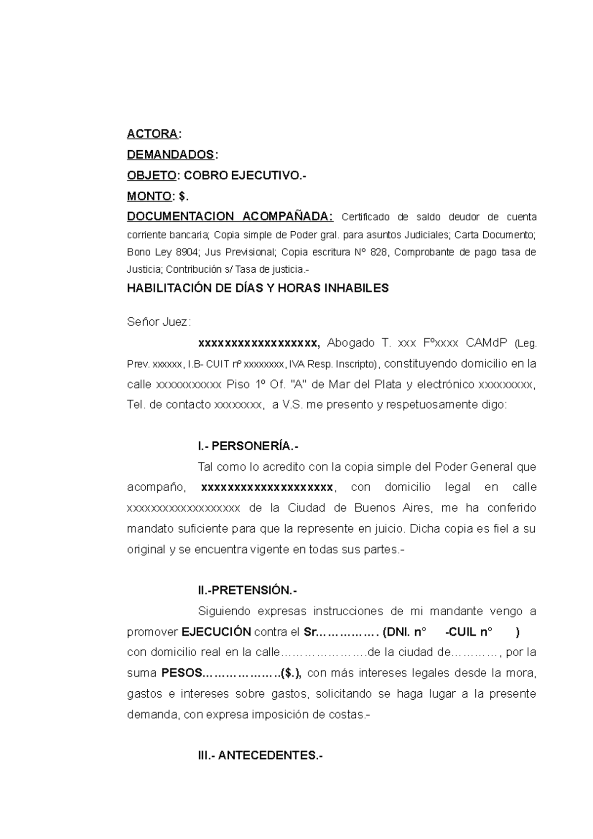 Modelo De Demanda Cuenta Corriente Modelo Actora Demandados Objeto