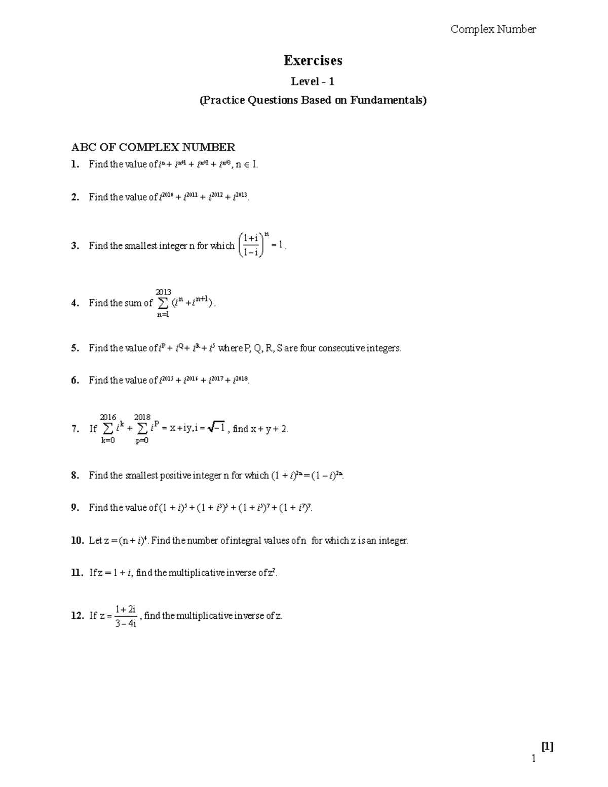 Complex Numbers 2 - [1] Exercises Level - 1 (Practice Questions Based ...