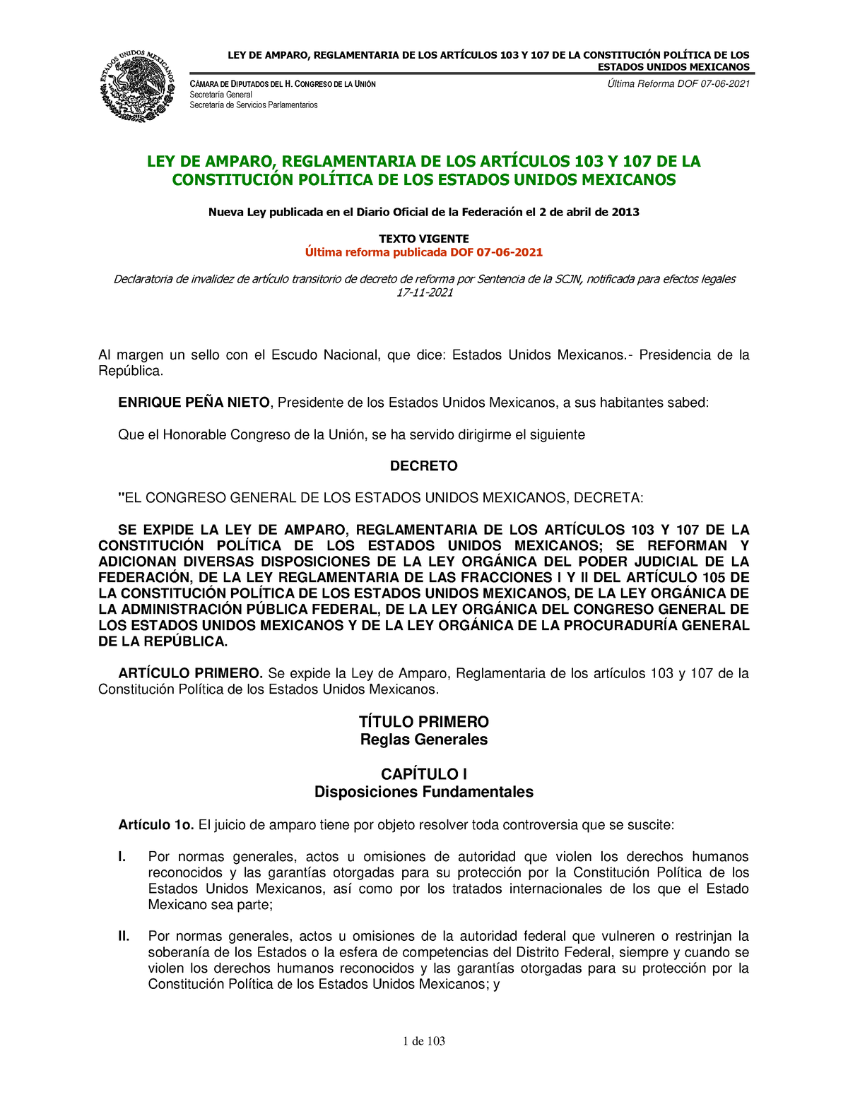 LEY DE Amparo Reglamentaria DE LOS ART Culos 103 Y 107 DE LA Constituci ...