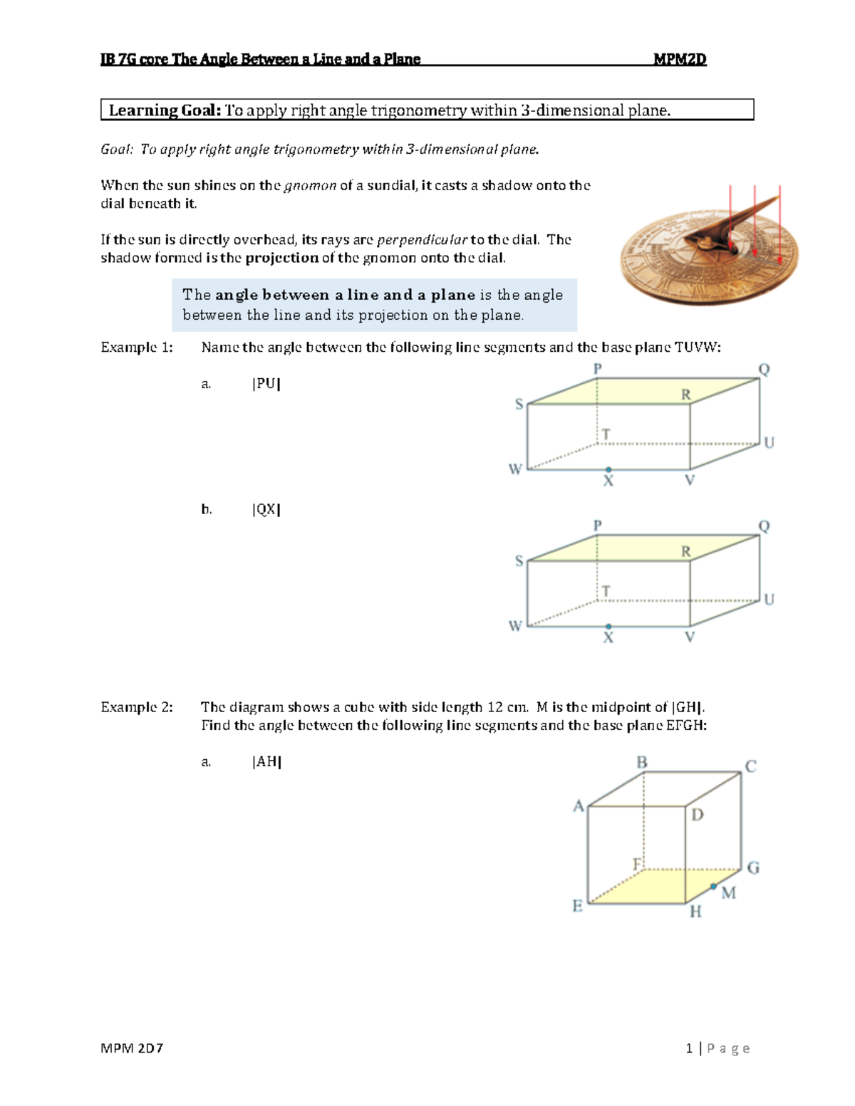 7G The Angle Between a Line and a Plane - Learning Goal: To apply right ...