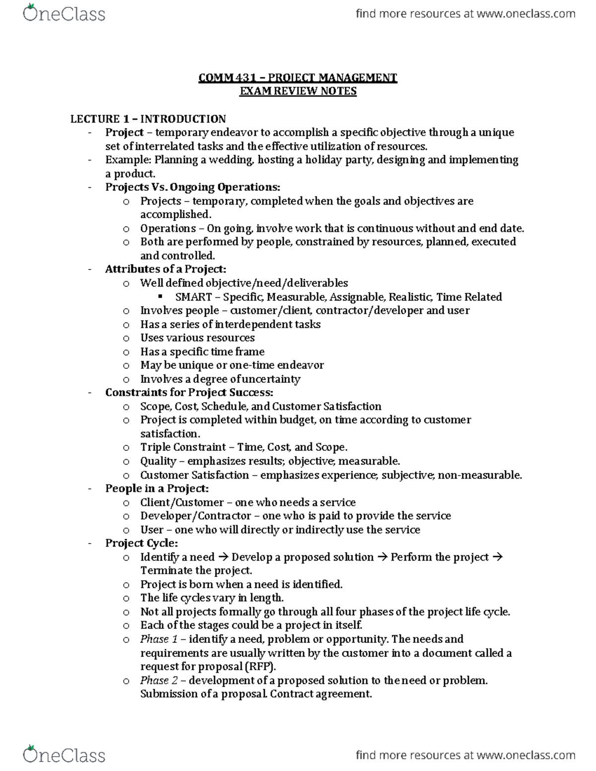 COMM431 Exam Review Notes - Project management - UWaterloo - StuDocu