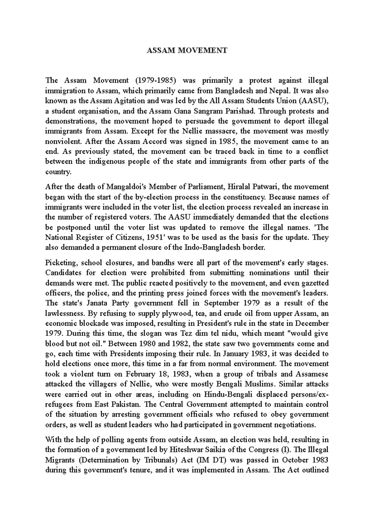 Assam Movement Lecture notes 3 ASSAM MOVEMENT The Assam Movement