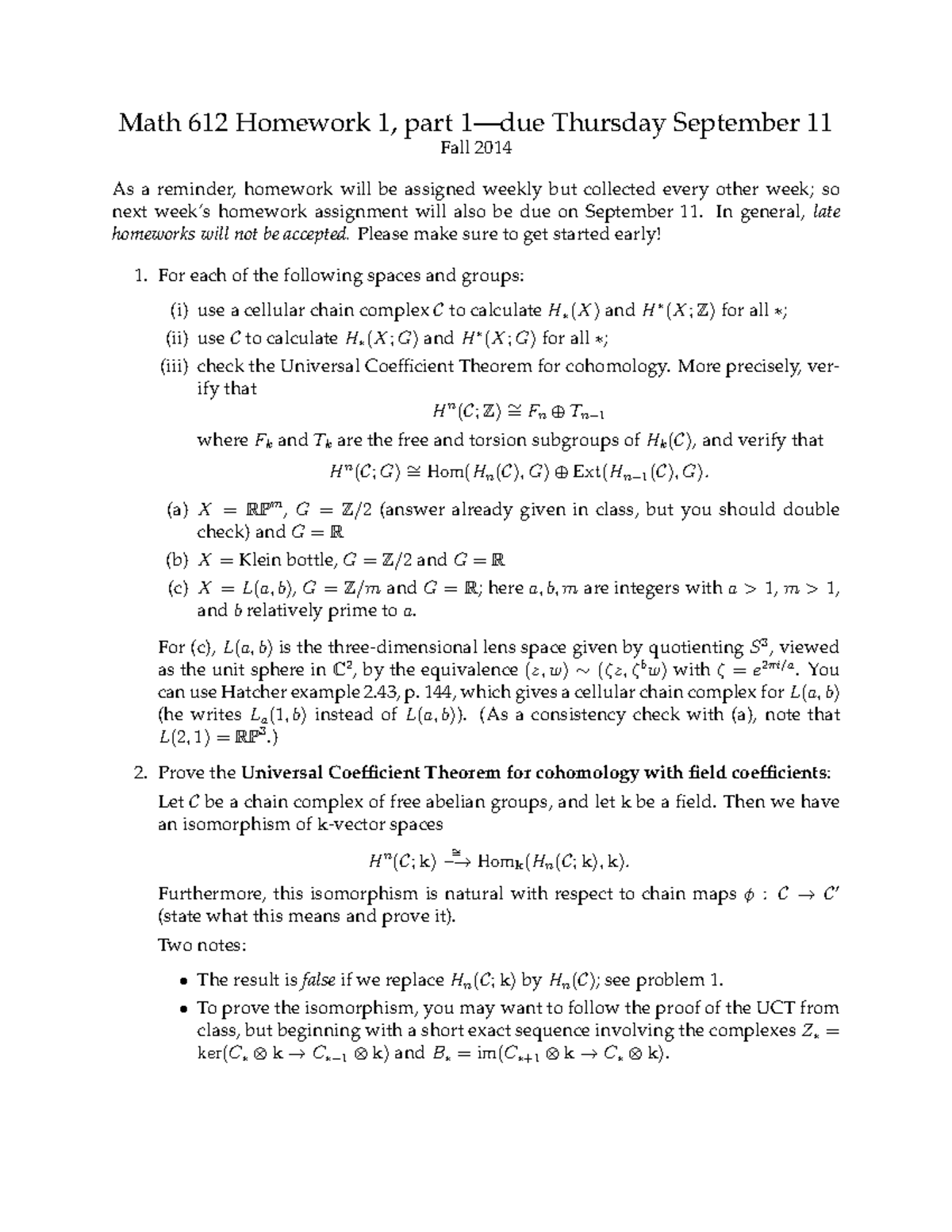 Seminar Assignments - And Solutions - Math 612 Homework 1, Part 1—due ...