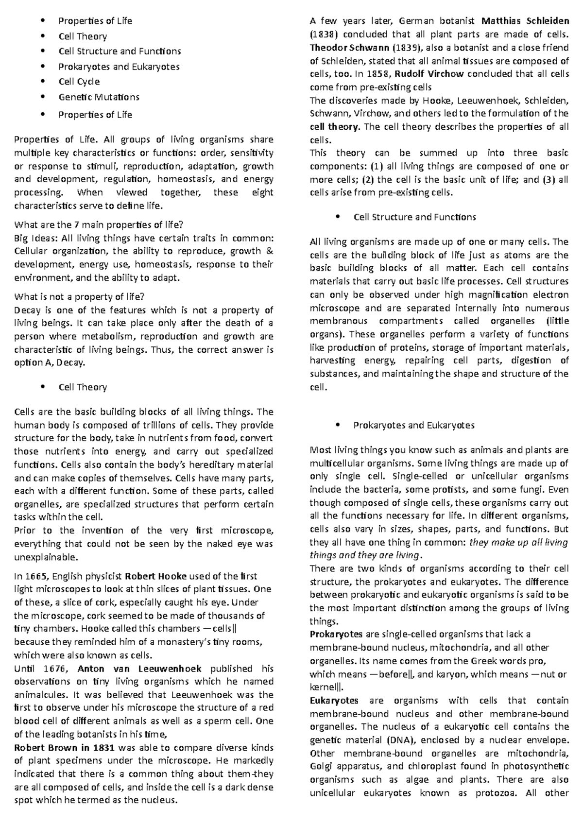 GEN BIO Reviewer - .... - Properties of Life Cell Theory Cell Structure ...