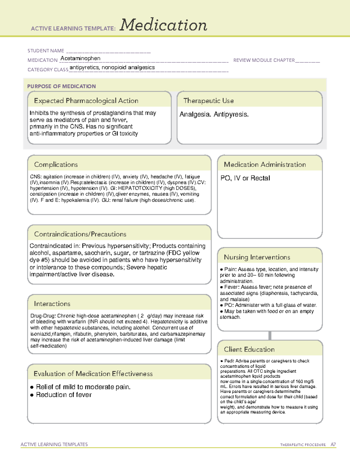 Acetaminophen - ATI - ACTIVE LEARNING TEMPLATES THERAPEUTIC PROCEDURE A ...