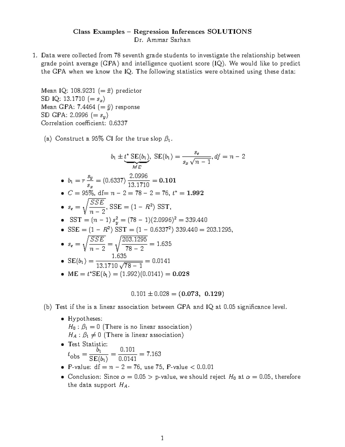 Class Examples - Regression Inferences Solutions 3 - Class Examples ...