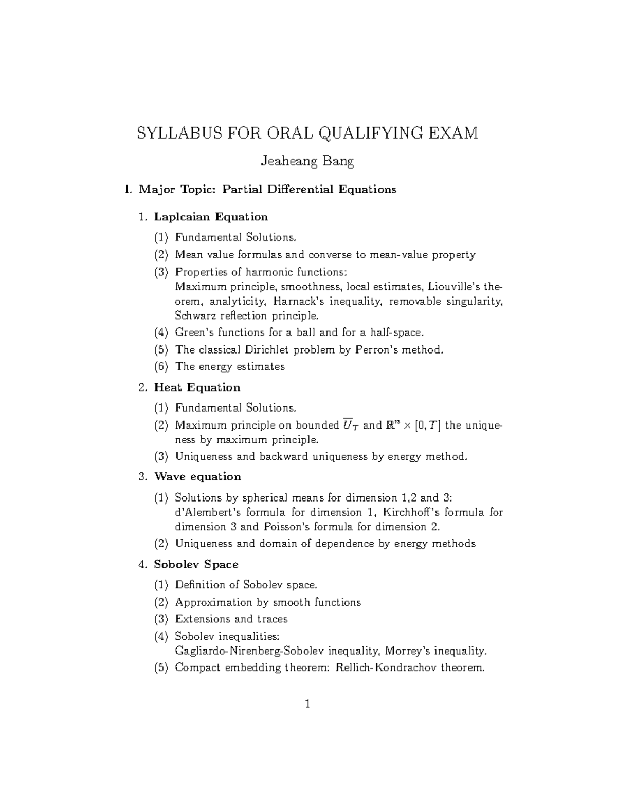 Bang,Jeaheangmath notes SYLLABUS FOR ORAL QUALIFYING EXAM Jeaheang