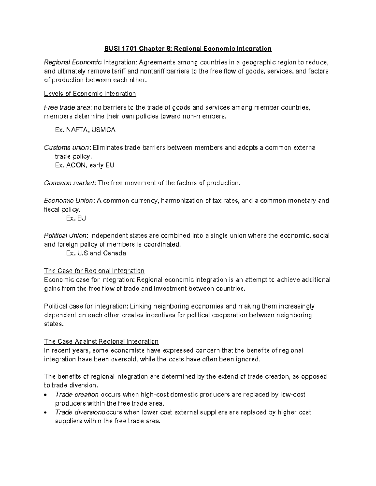 Chapter 8 Notes - BUSI 1701 Chapter 8: Regional Economic Integration ...