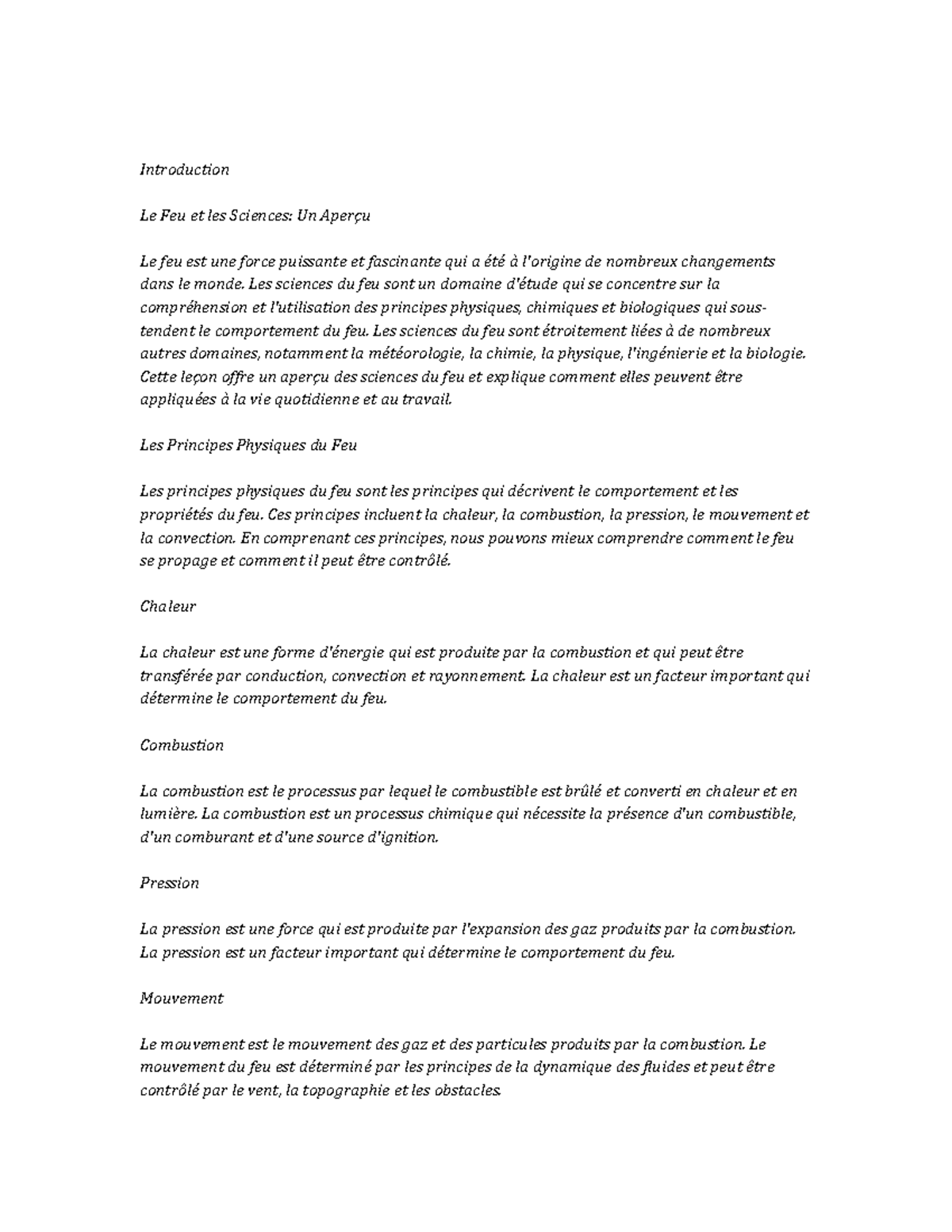 Fire Science Study Notes Introduction Le Feu et les Sciences Un