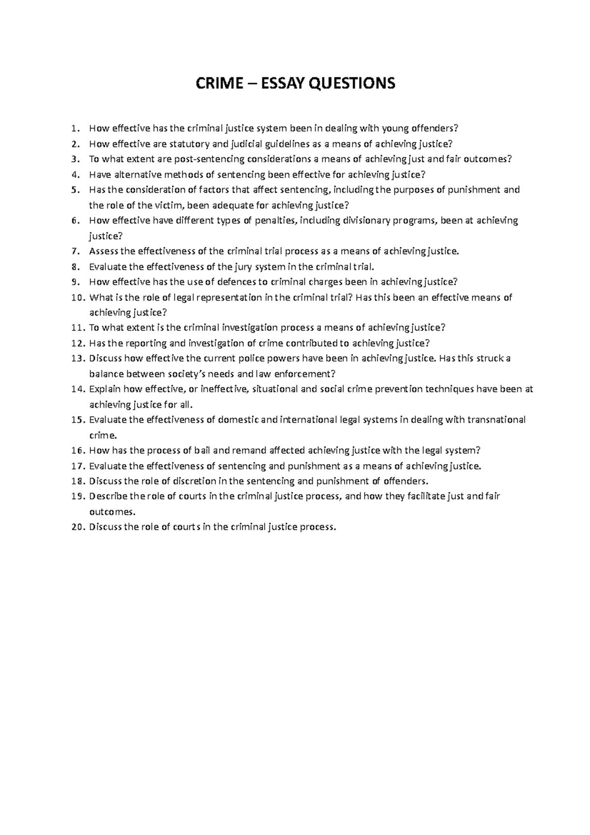 Crime - Essay Questions - CRIME – ESSAY QUESTIONS How effective has the ...