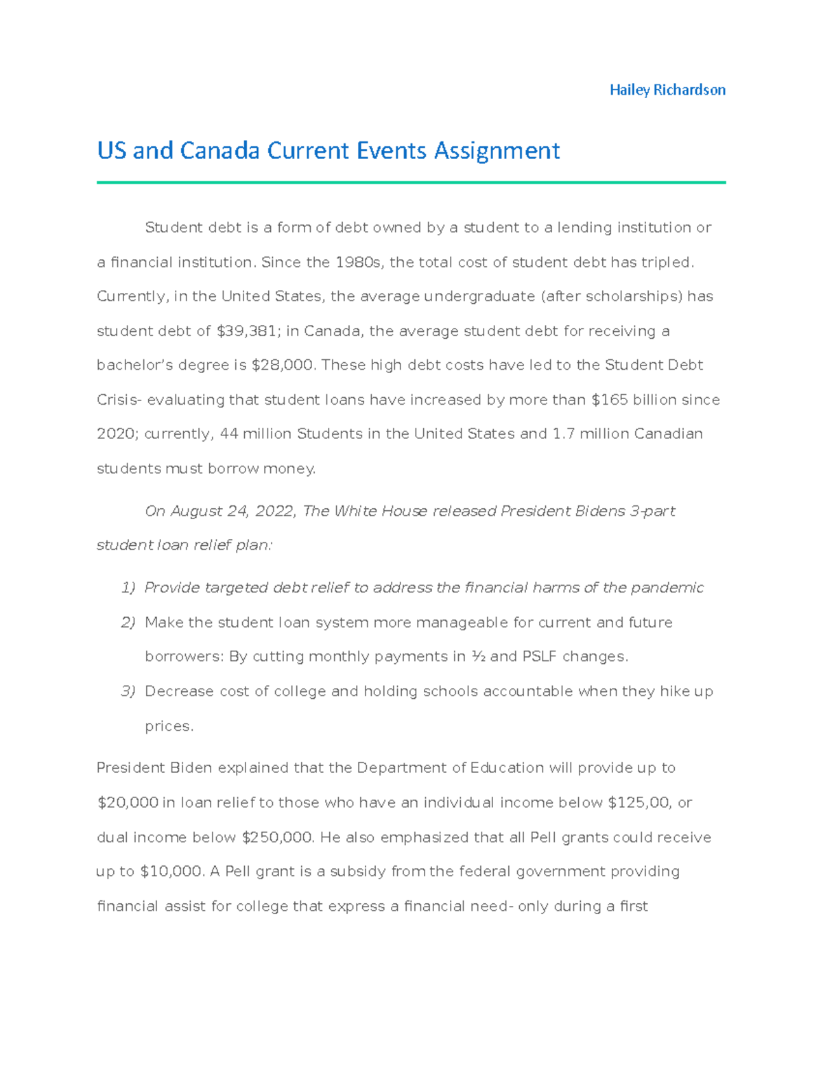 Current Events Assgnemnt Hailey Richardson US and Canada Current