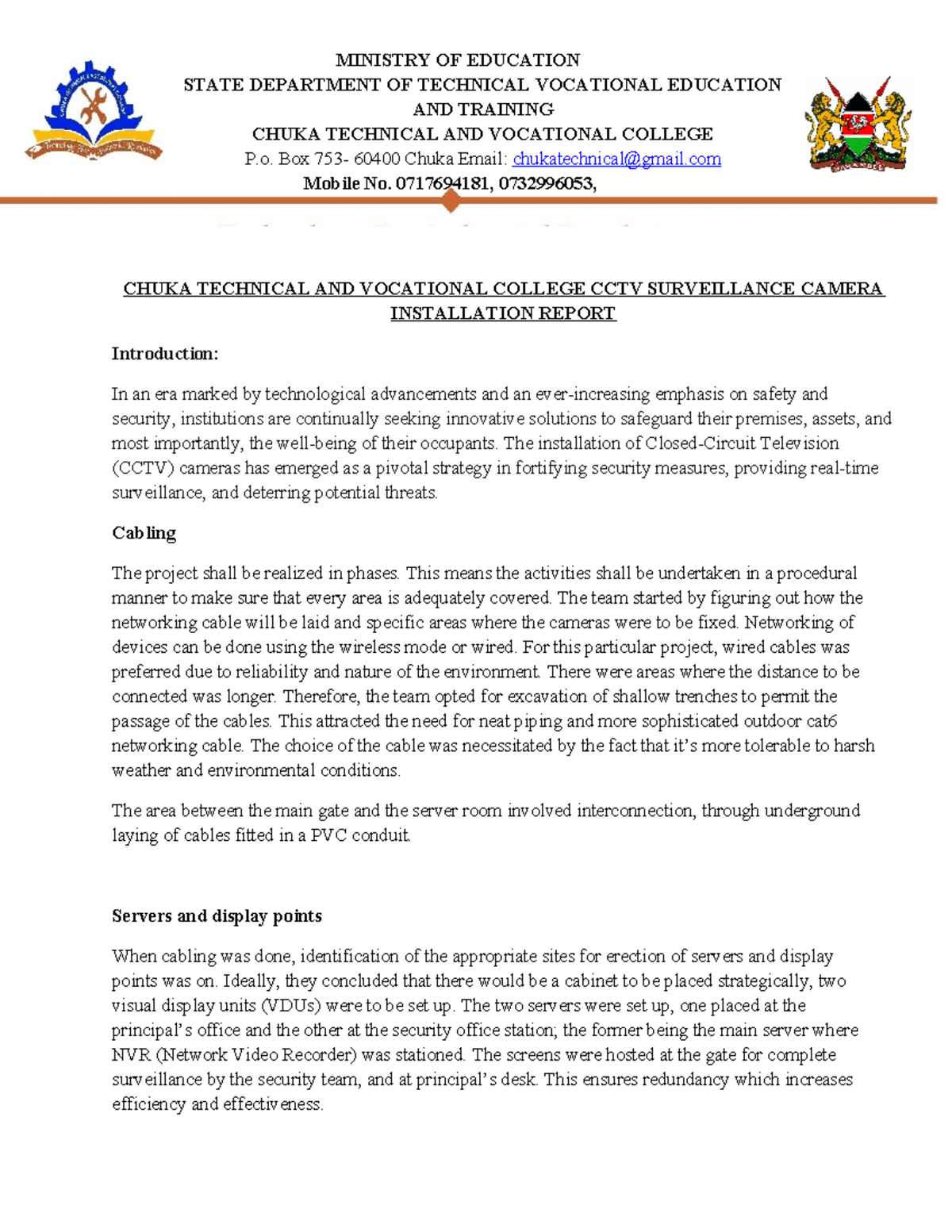Chuka CCTV Installation Report - MINISTRY OF EDUCATION STATE DEPARTMENT ...