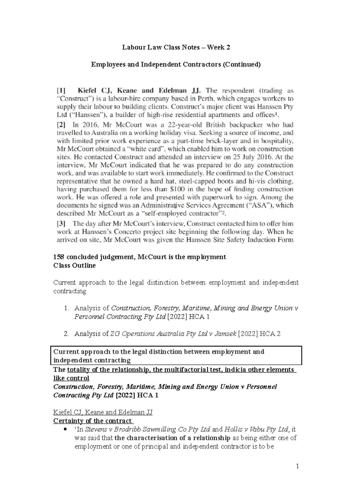 Labour Law Class Notes-w2 - It was not suggested that this assessment ...