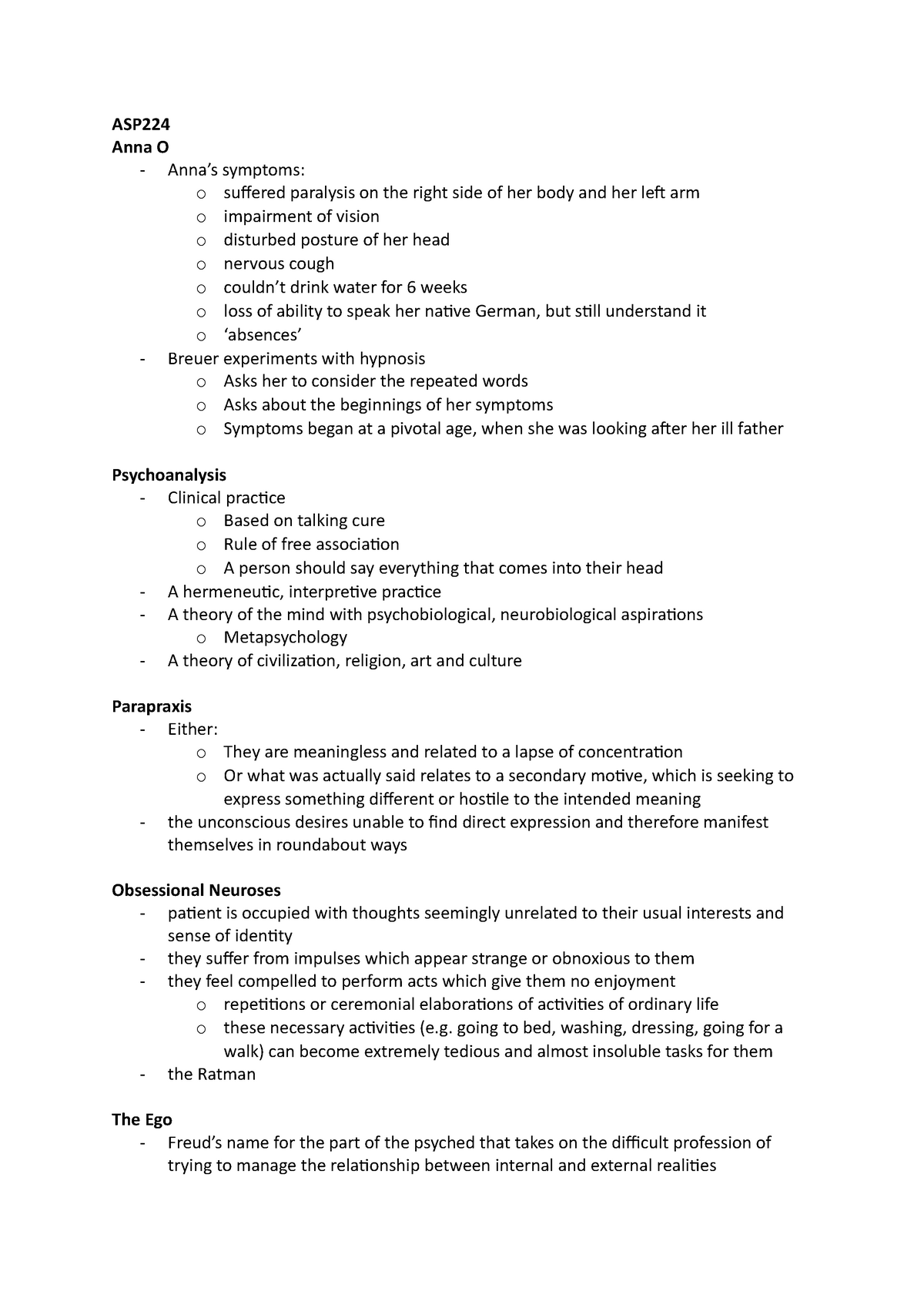 ASP224 - Lecture notes 5 - ASP Anna O - Anna’s symptoms: o suffered ...