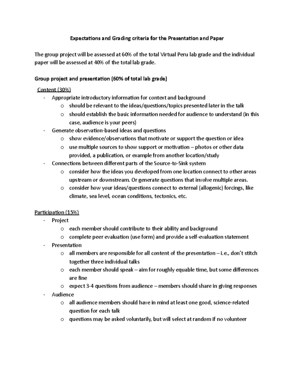 2021 Virtual Peru - grading rubric - Expectations and Grading criteria ...