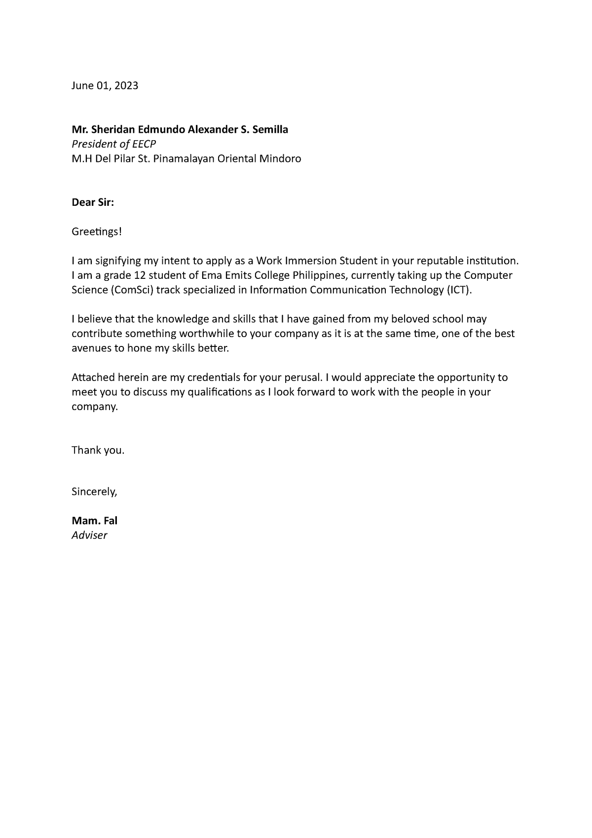 Application letter template - June 01, 2023 Mr. Sheridan Edmundo ...