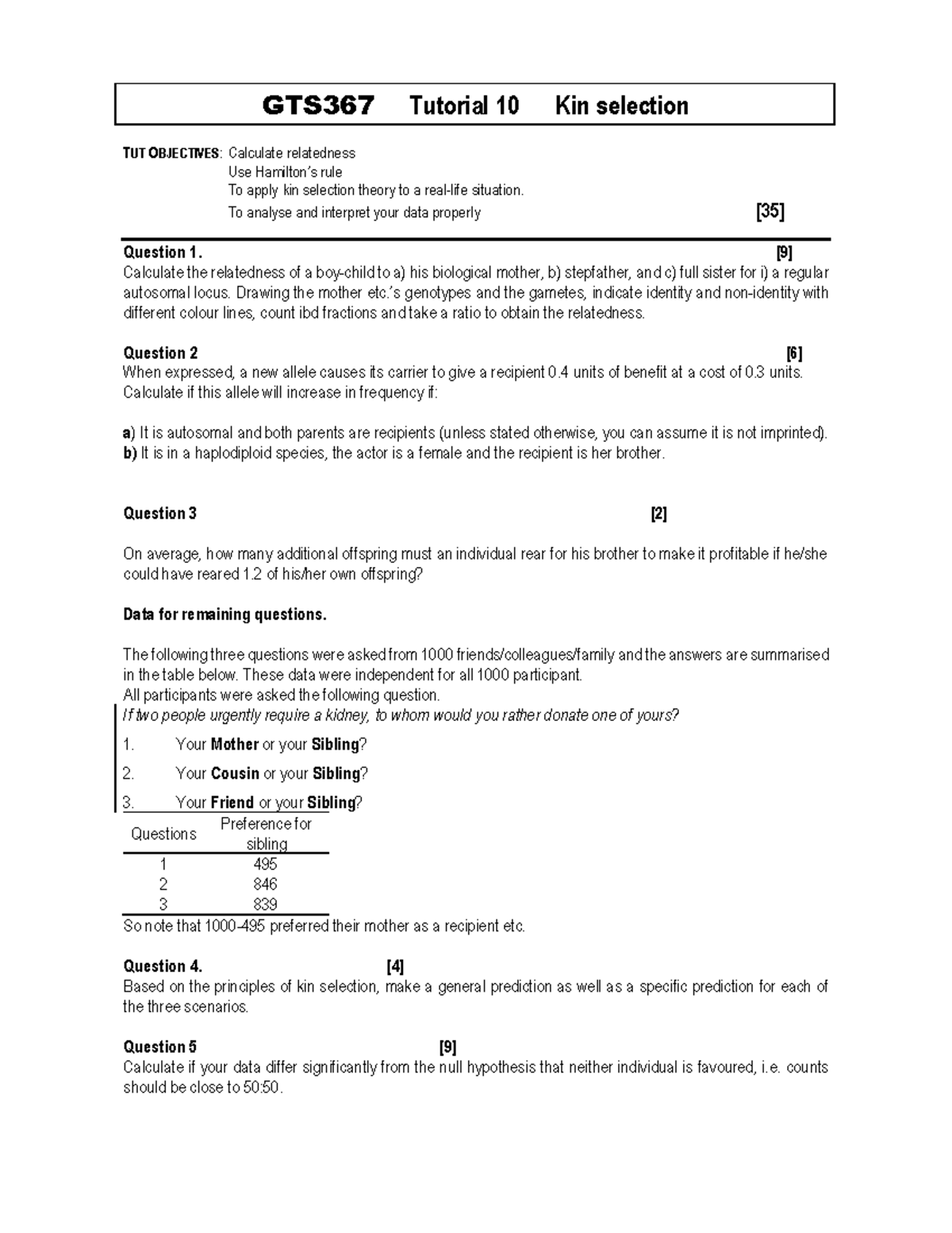 Tut 10 kin selection - GTS367 Tutorial 10 Kin selection TUT OBJECTIVES ...