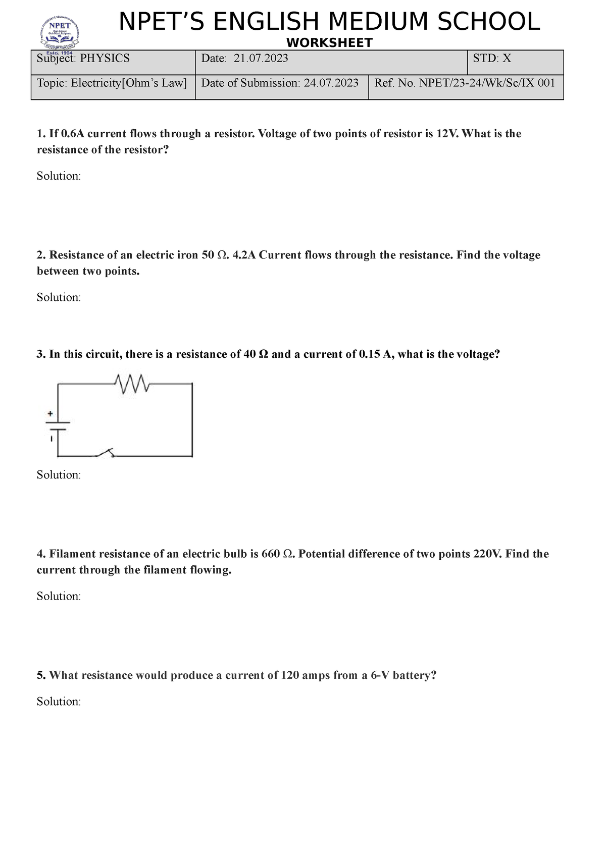 Worksheet ohms law - Engineering Analysis and Design ECE - Studocu