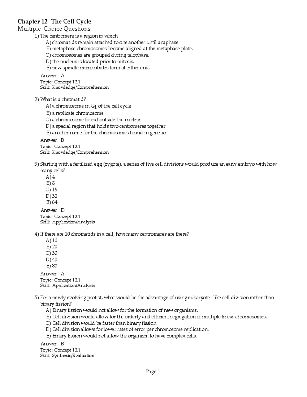 Ch12 - Chapter 12 The Cell Cycle Multiple-Choice Questions The ...