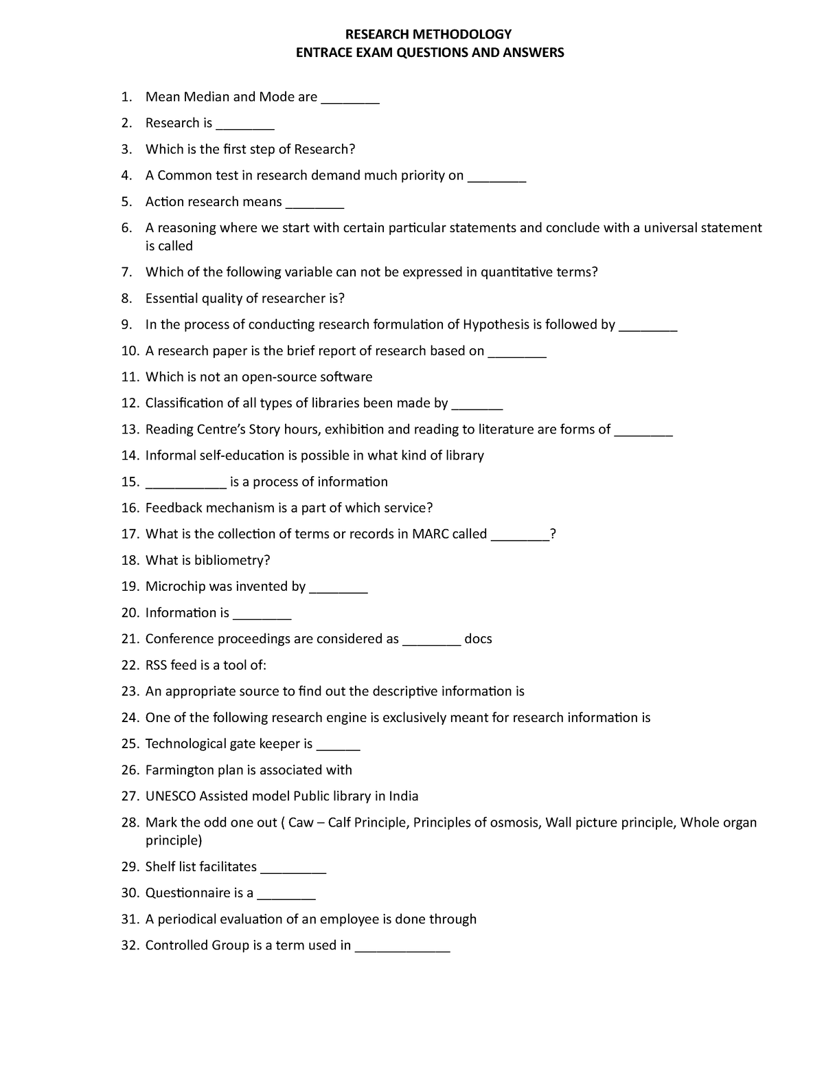 research methodology entrance questions