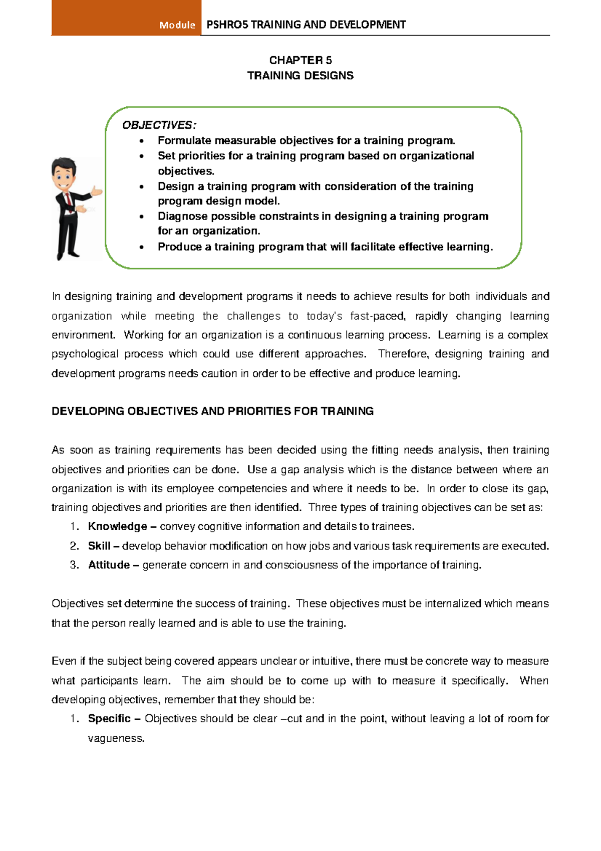 Chapter 5 Training Designs - CHAPTER 5 TRAINING DESIGNS In designing ...