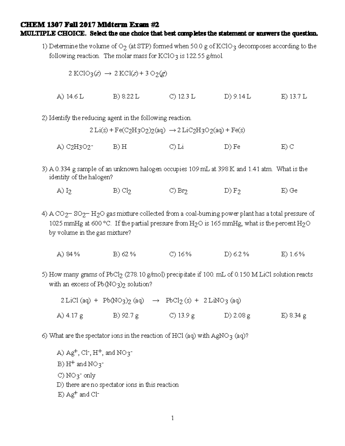 Exam 2 1307-A - Exam - CHEM 1307 Fall 2017 Midterm Exam MULTIPLE CHOICE ...