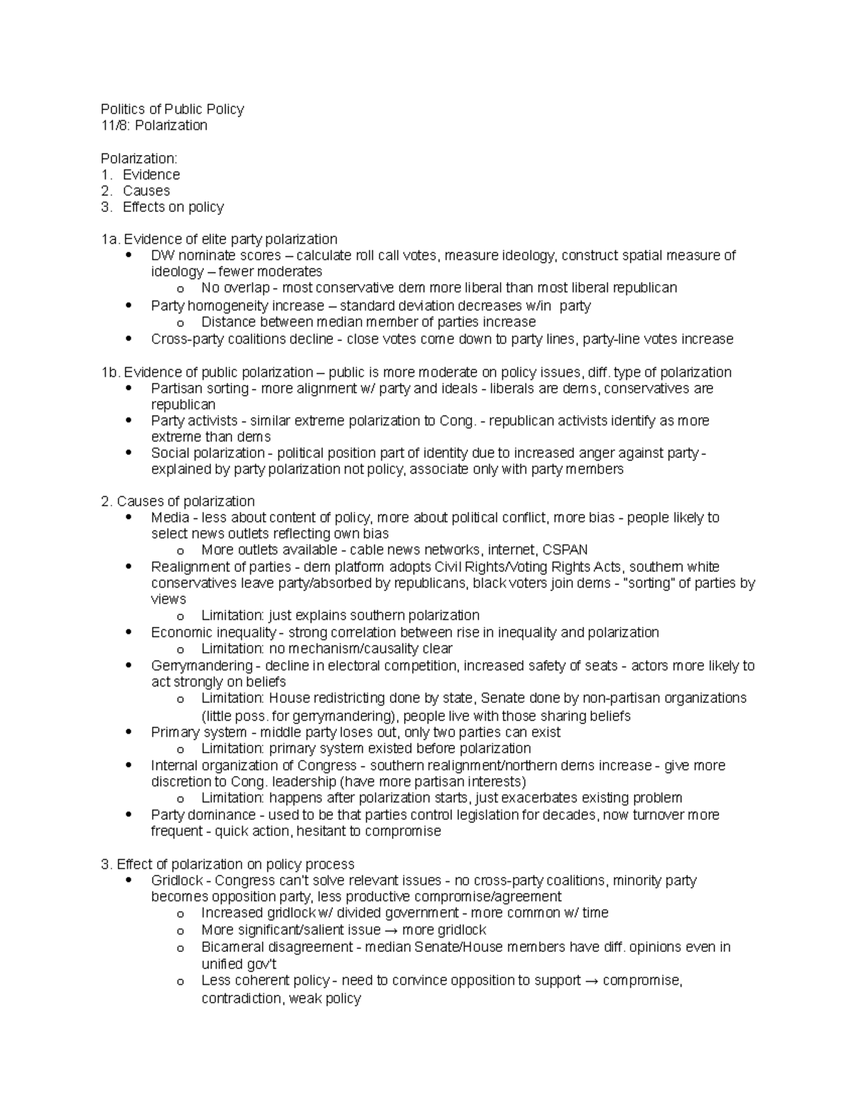 Polarization - Lecture notes 6 - Politics of Public Policy 11/8 ...