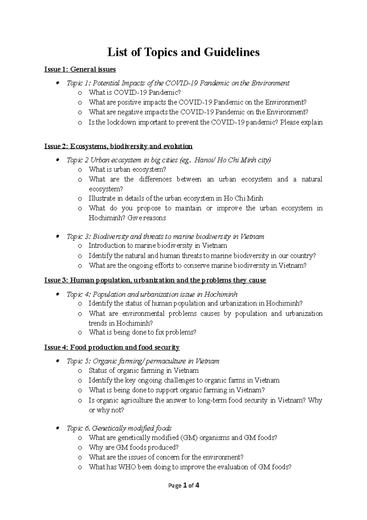 List of Topics and Guidelines - Hanoi/ Ho Chi Minh city) o What is ...