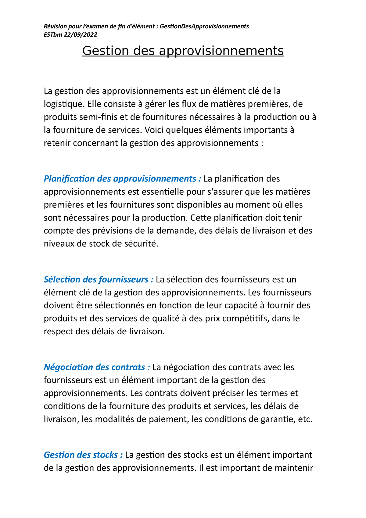 Gestion Des Approvisionnements - Elle Consiste à Gérer Les Flux De ...