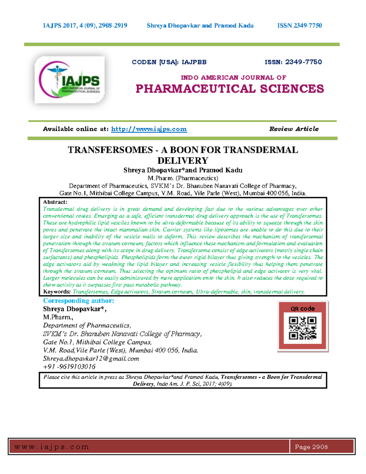32. Transfersomes review 2 - CODEN [USA]: IAJPBB ISSN: 2349- I INNDDOO ...