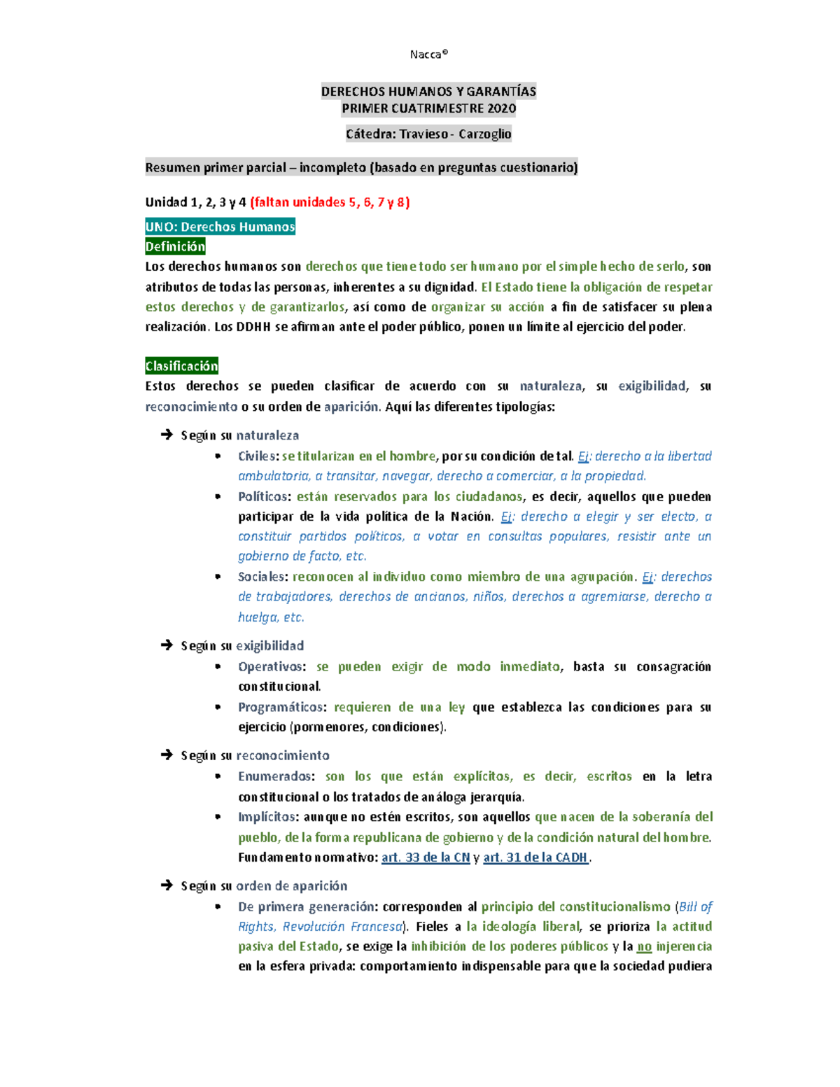 Resumen (incompleto) Primer Parcial DDHH Y Garantías Travieso Carzoglio ...