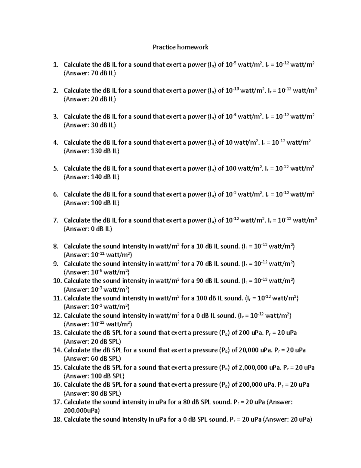 Practice homework II - Prac%ce homework Calculate the dB IL for a sound ...