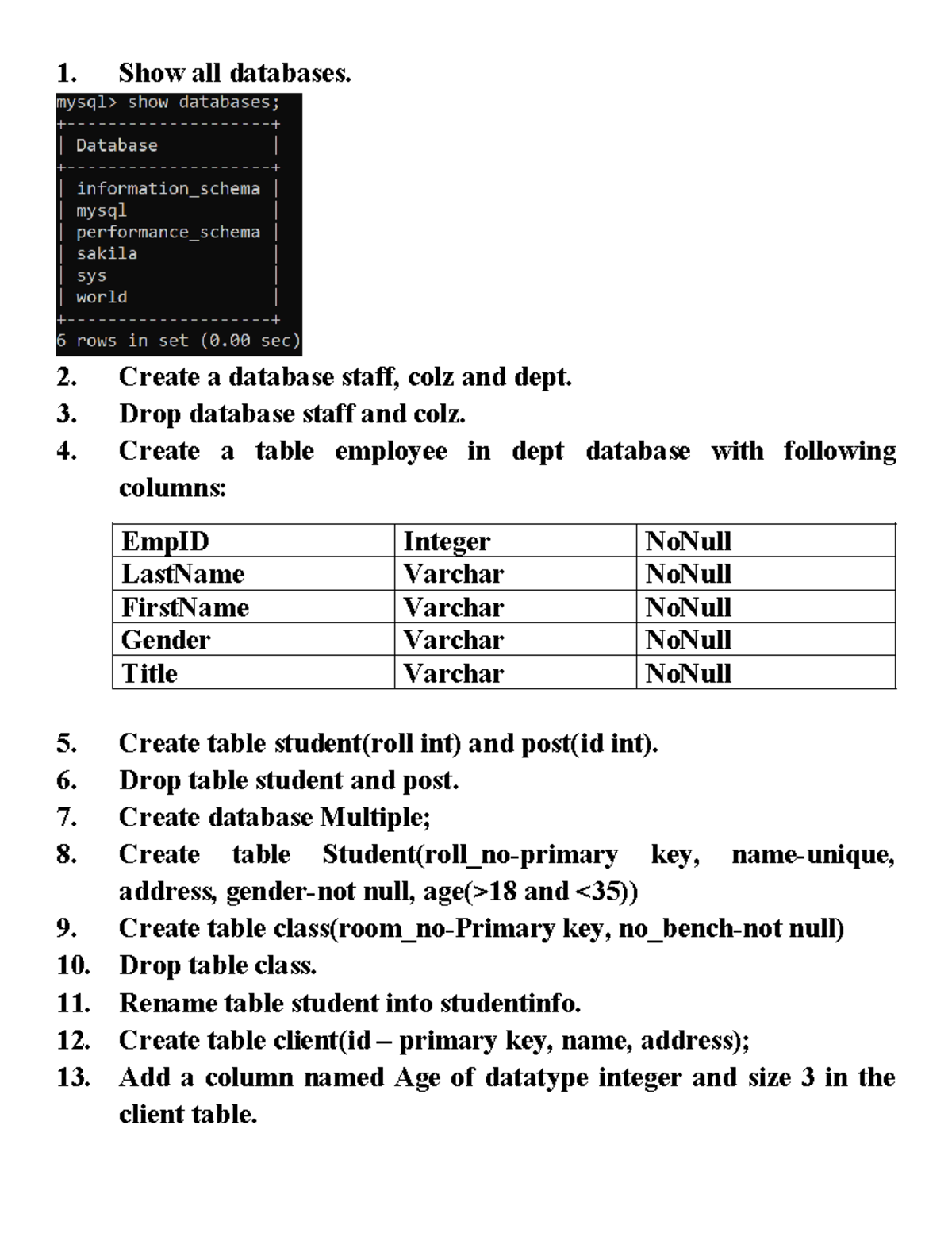 Databases-exercises 2080 - 1. Show all databases. 2. Create a database ...
