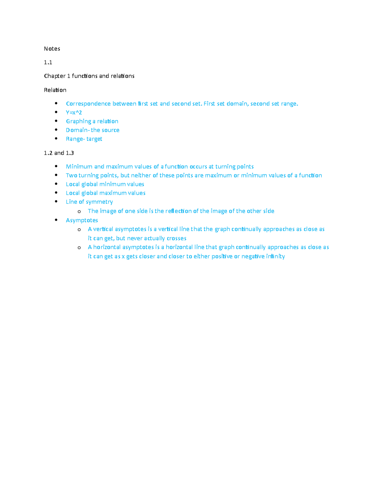 Notes 1 - Notes Chapter 1 functions and relations Relation ...