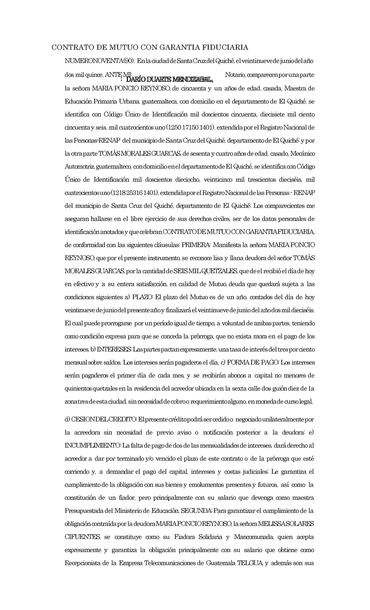 Contrato de mutuo con garantía Fiduciaria DARÍO DUARTE MENDIZABAL, CONTRATO DE MUTUO CON